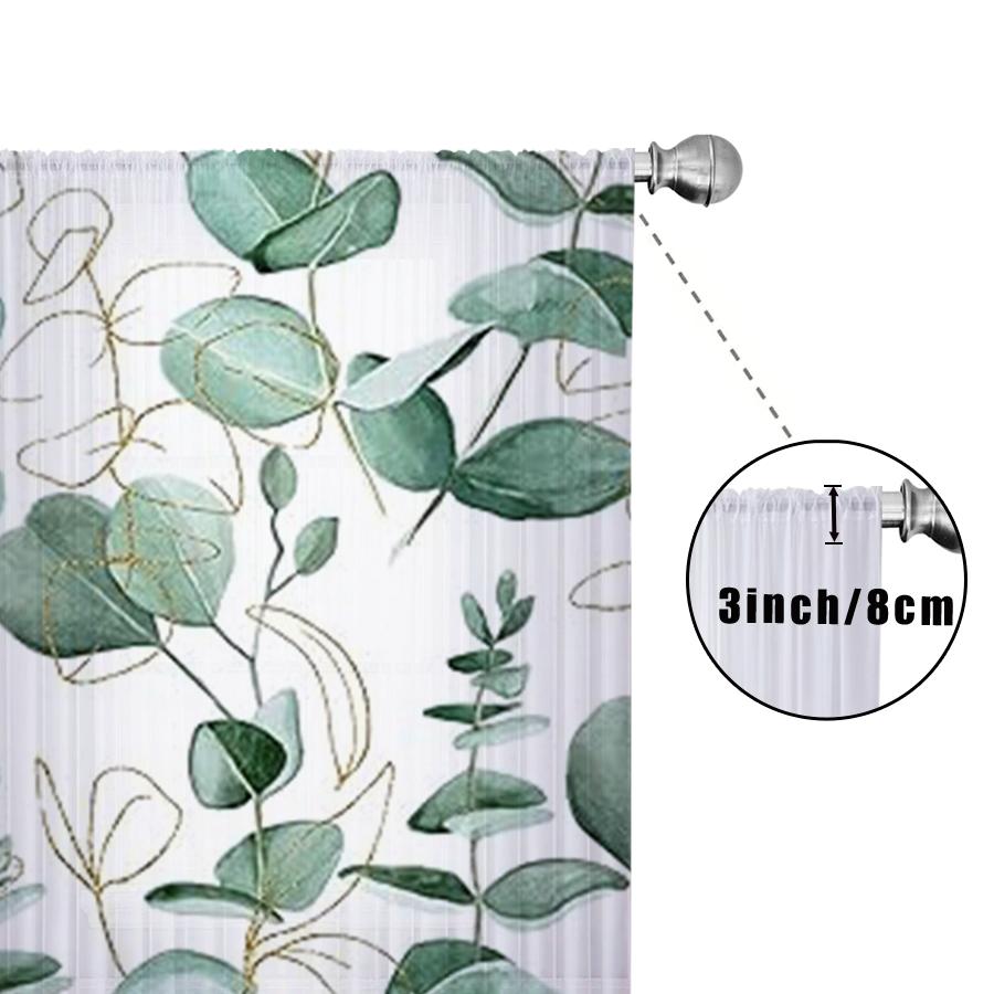 1PC Sheer Curtain Eucalyptus Leaf Golden Line Print, Rod Pocket Window Curtain for Living Room Luxury Home Decor