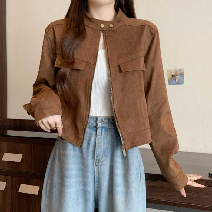 Women's Autumn 2025 Brown Petite Melange Suede Velvet Long Sleeve Short Jacket