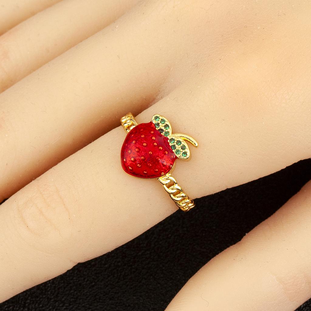 Nidin New Fashion Strawberry Shape Enamel Dripping Oil Open Rings For Women Female Inlaid Green Zircon Adjustable Finger Jewelry