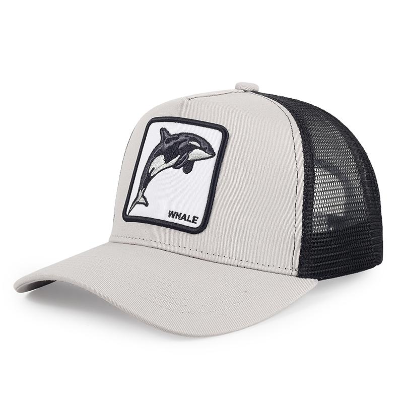 Neu Männer Frauen Farbblock Stickerei Cartoon Marine Tiere Baseball Hüte Persönliche Atmungsaktive Trucker Cap Mesh