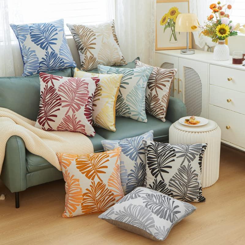 YunJeude Cushion Set of Nordic Cotton and Stylish and Cute Leaf Jacquard Zipper Modern Interior Design Color Covers, 45x45cm, 4, Style, Linen,