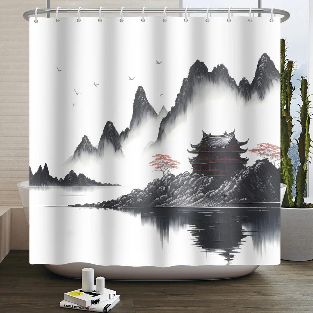 Chinese Ink Painting Landscape Shower Curtain Mountain Bamboo Modern Art Home Decor Bathroom Curtains Waterproof Shower Curtains