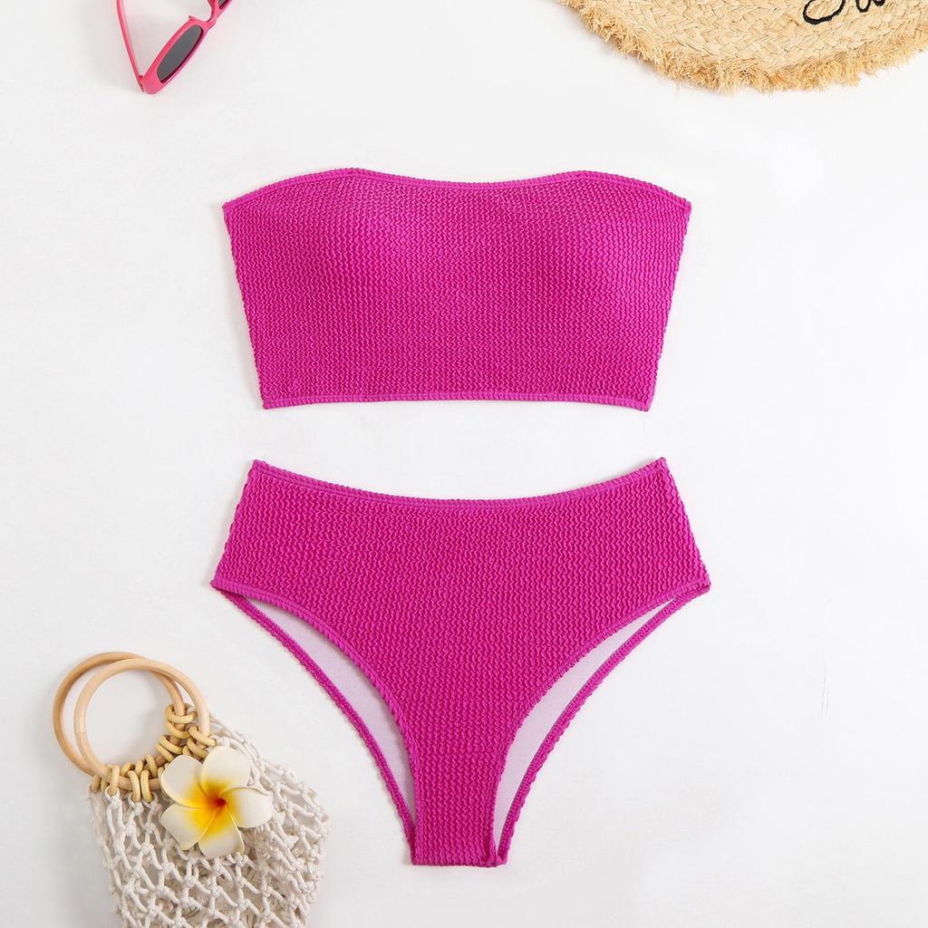 2025 Solid Color High Waist Bandeau Bodycon Bikini Set - European & American Style