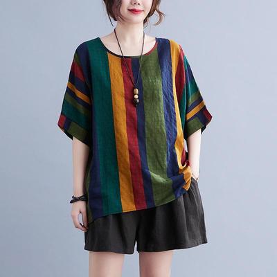 Large Size Loose T-shirt Casual Floral Print Bottom Blouse for Women Vintage O Neck Bat Sleeve Top for Womens