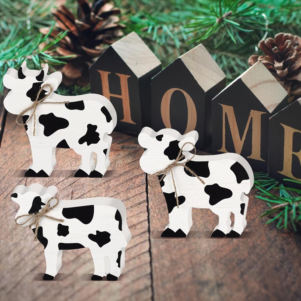 Set of 3 Handcrafted Wooden Cow Figurines - Rustic Farmhouse Style Tabletop Decorations,for Home & Office