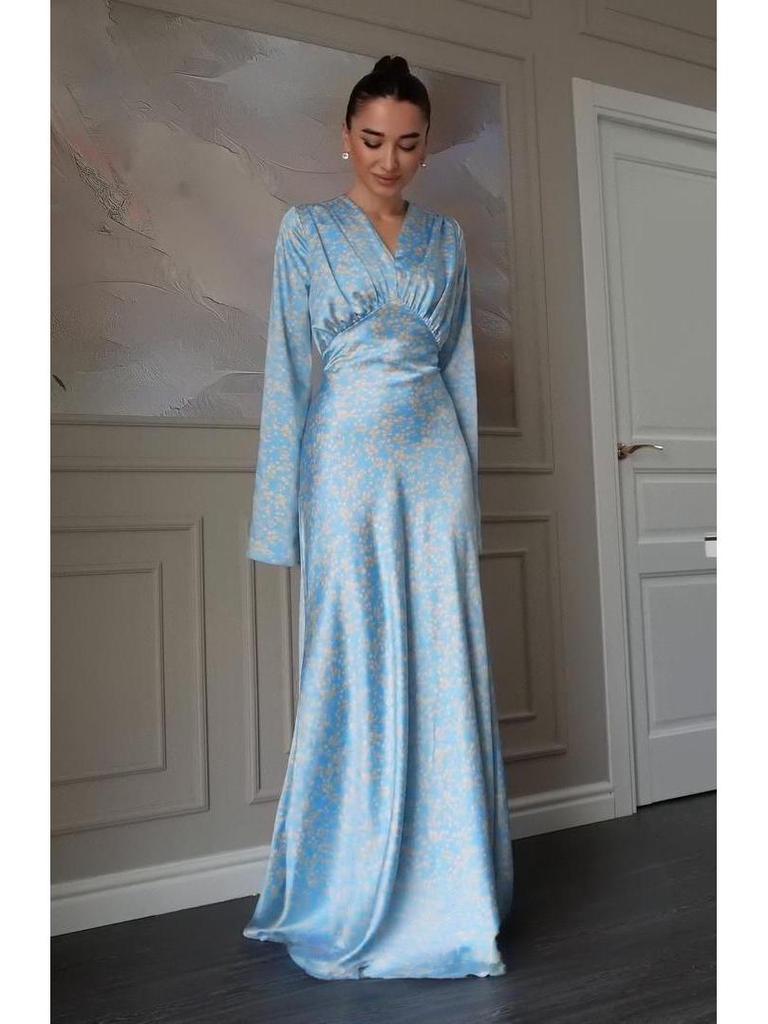 2025 Frühling V-Ausschnitt Blumenmuster Taillenbetonendes Langes Kleid für Damen