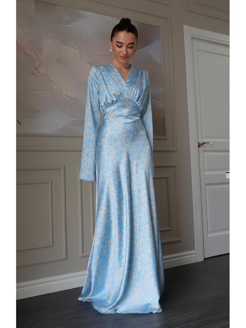 

Весеннее платье с V-образным вырезом, цветочным принтом и приталенным силуэтом для женщин, 2025 L небесно-голубой