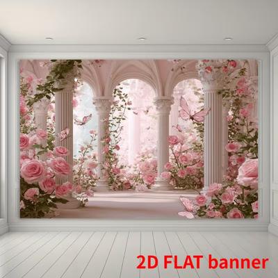 2D Elegant Pink Rose Garden with Classical Columns Backdrop, Background Cloth for Romantic Events