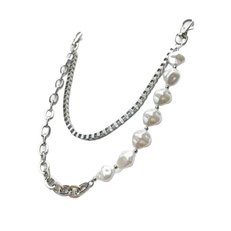 Trendy Euro-American Hip-Hop Pearl Patchwork Waist Chain Cool Jeans Pocket Chain with Metal Chain and Pearls Unisex
