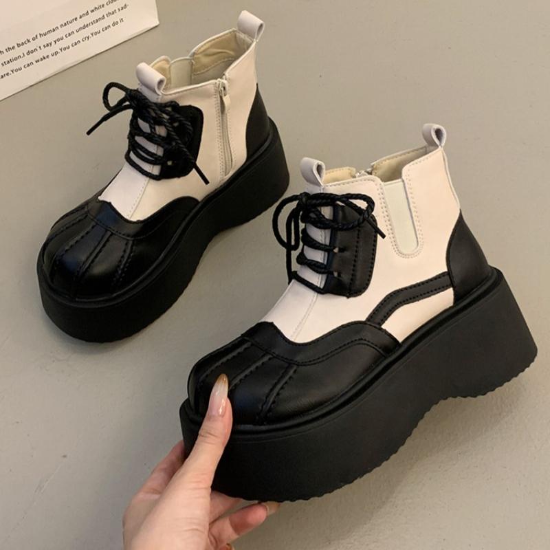 

Fashion Women s Thick Sole Cotton Boots Winter New Round Head Splicing Front Strap Anti-slip Wear-resistant Short Boots 40 чёрный