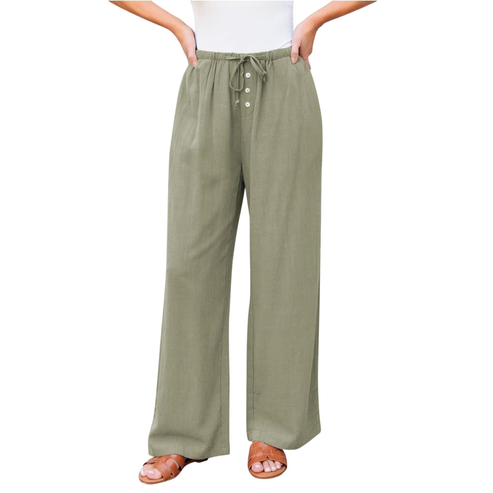 Women s Casual Fashion Cotton And Linen Drawstring Button Trousers XL