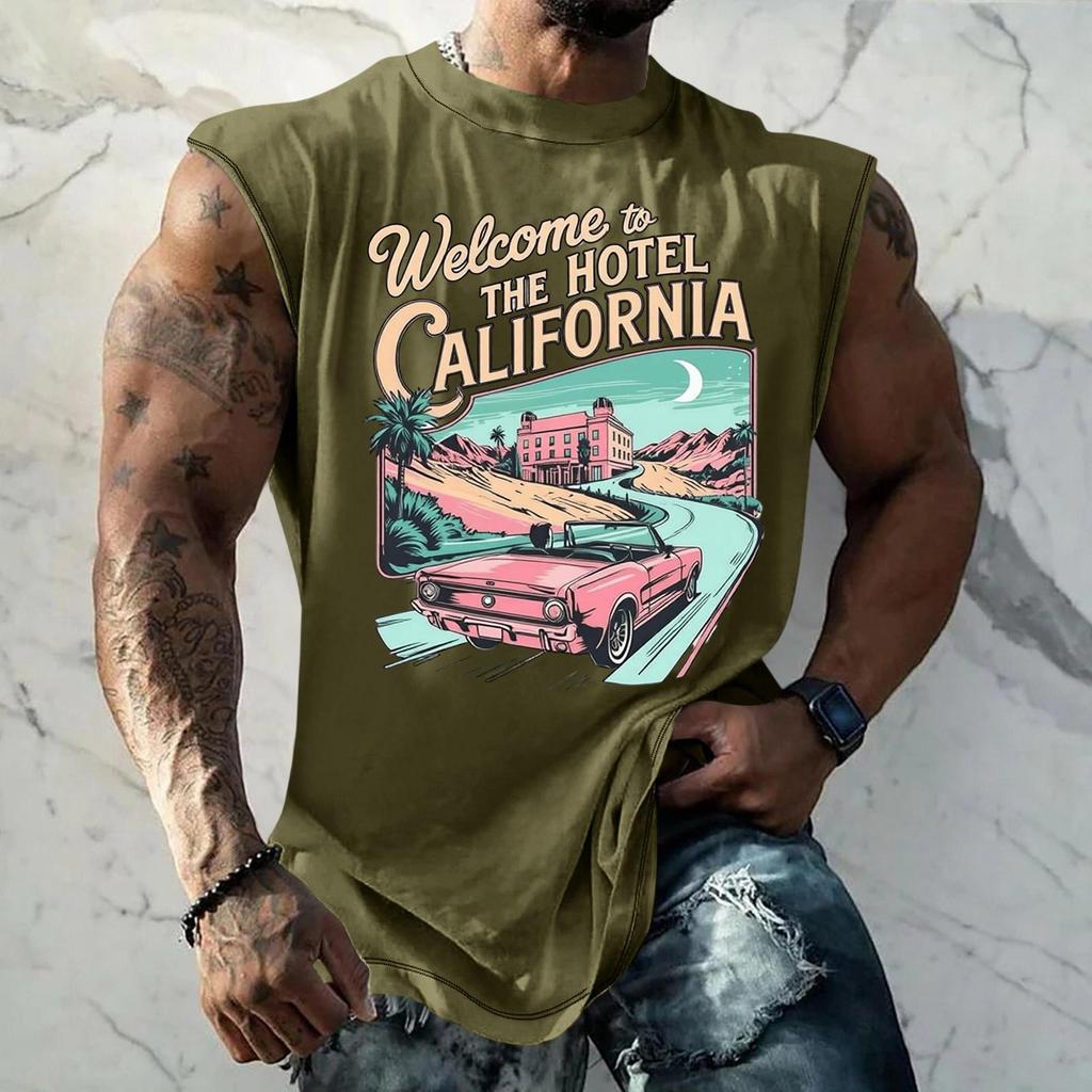 Men Sleeveless Tank Top Loose Fit Breathable Muscle Shirt Vintage Graphic Print Casual Streetwear Summer Sportswear