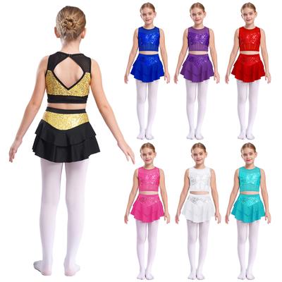 Girls Dance Performance Outfit Sleeveless Crop Top Cutout Back Design Sheer Mesh Patchwork Shiny Sequins Tiered Skirt