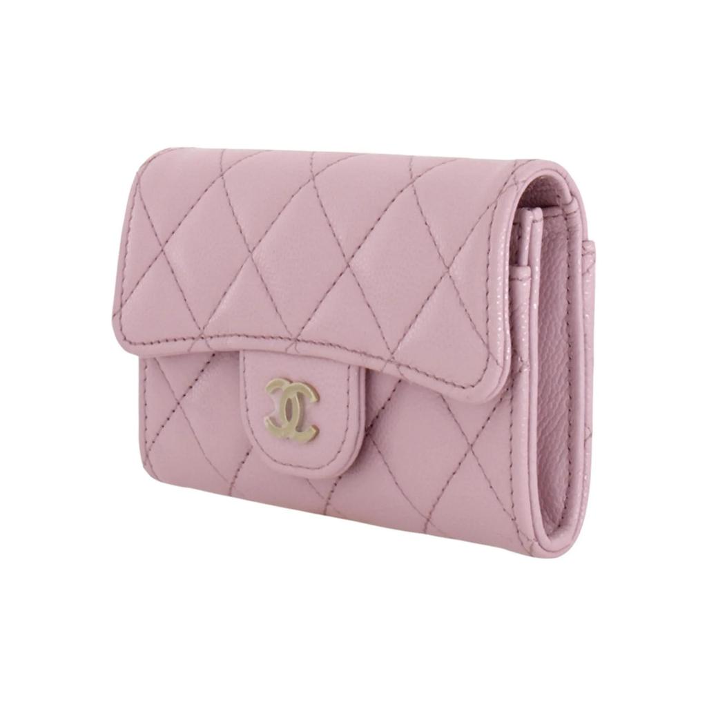 CHANEL 24A Light Gold Buckle  Diamond Pattern Pure Color  Grainy Lychee Pattern Leather Card Holder  Women's  Pink