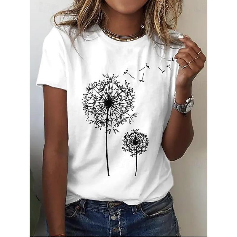 Women s Casual T-Shirt Dandelion Print Crew Neck White Short Sleeve Summer Wear Comfort Fit Daily Essential S