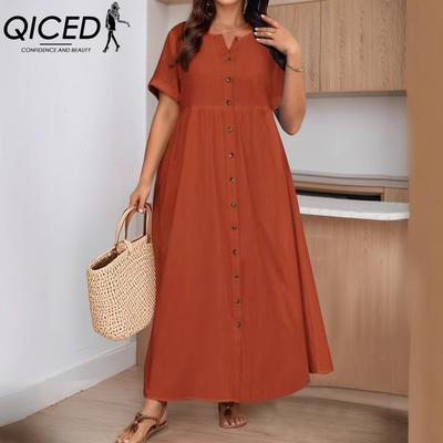 QICED Plus-size Elegant Spring Summer Solid Color Loose High-waisted Cotton and Linen Dress