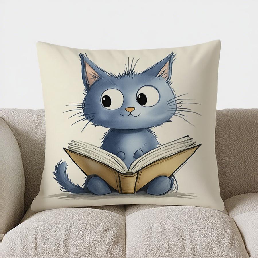 Home Decor Cute Blue Cat Reading Book Pillow Cover Pattern Cushion Cover Suitable For Sofa Bedroom Car Pillow Cover
