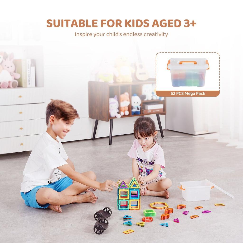 Magnetic Tiles Magnetic Building Toy 62 PCS Magnet Blocks for Kids 3D Set