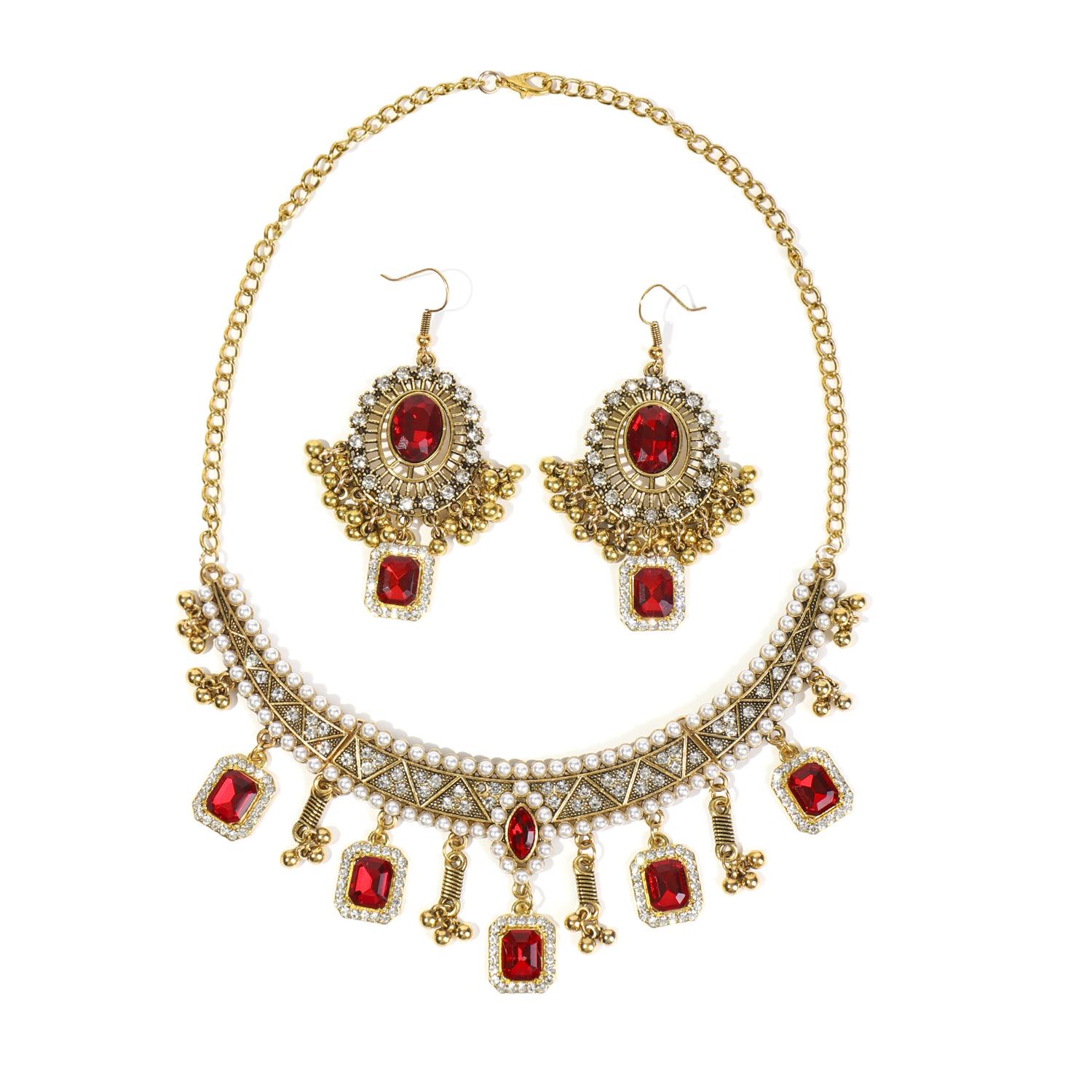 Retro Indian-Style Rhinestone Necklace  Earring Set with Tassel Clavicle Chain