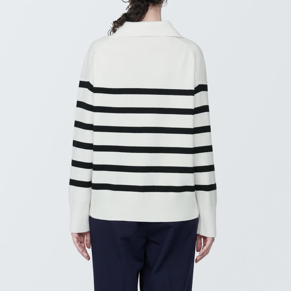 MUJI Washable Milan Rib Knit Skipper Polo White Size BA1OOA4S Women's Sweater, Striped, XS,