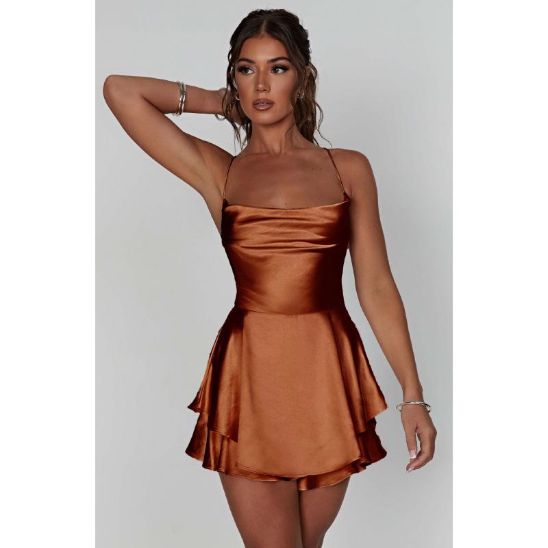 Satin Silk Women Sexy Cami Playsuits Dress Solid Cowl Neck Sleeveless Short Jumpsuits Summer Cross Tie-Up Backless Romper