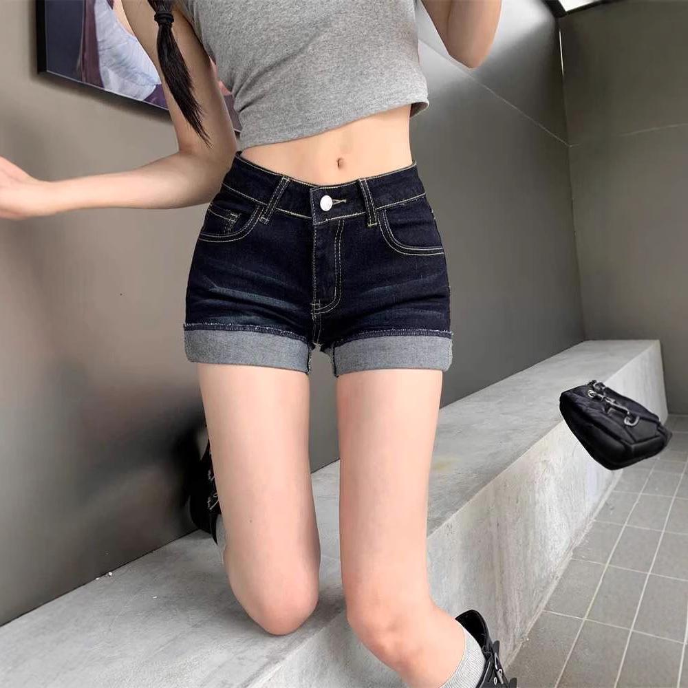 

Women s High-Waist Dark Blue Denim Shorts - Sexy, Hip-Hugging A-Line with Rolled Edges for Summer L