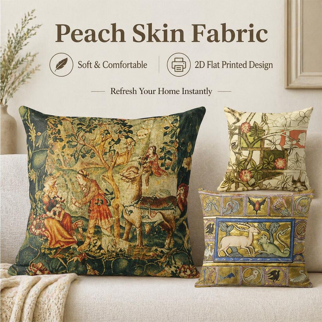 Federa Cuscino Arazzo Medievale Vintage Stampa Piatta 2D Pelle di Pesca Copricuscino da Lancio per Divano Soggiorno Decorazione Casa 45x45cm