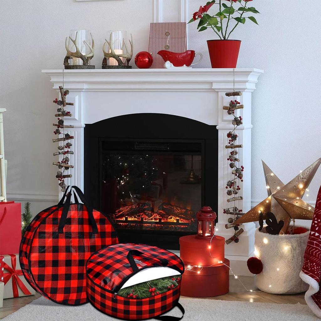 2pcs Christmas Wreath Storage Bag Plaid Holder Zippered Wreath Storage Box with Handle/ Holiday Garland Wreath Storage Container