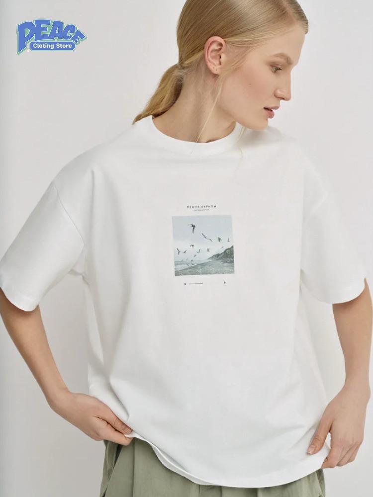 Seagull Scenery Printed T-shirt 100% Cotton T-shirt Women's Clothing Summer Fashion Simple Lovely Casual Comfy Short Sleeve Top