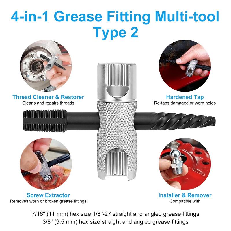 2Pcs 4-In-1 Grease Fitting Installation Tool For Hexagonal 3/8" 5/16" 7/16" Grease Zerk Fitting Tool For Install & Remove