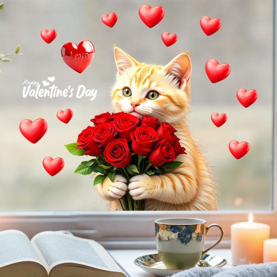 Alla hjärtans dag Katt Fönsterdekaler Söt Katt som Håller Rosbukett Dubbelsidiga PVC-klistermärken Stora Glasdekaler för Bröllopsdag Festdekoration