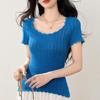 Klein Blue Lace U-Neck Knit Slim-Fit Top