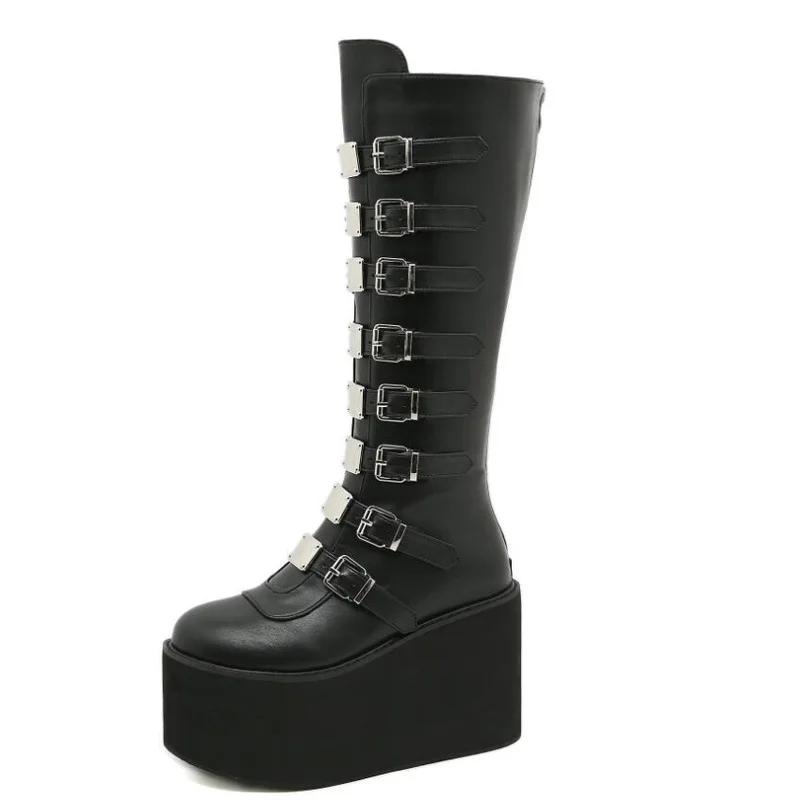 Fashion Designer Big Size 43 Black Gothic Style Cool Punk Motorcycles Boots Female Platform Wedges High Heels Calf Boots Women Shoes