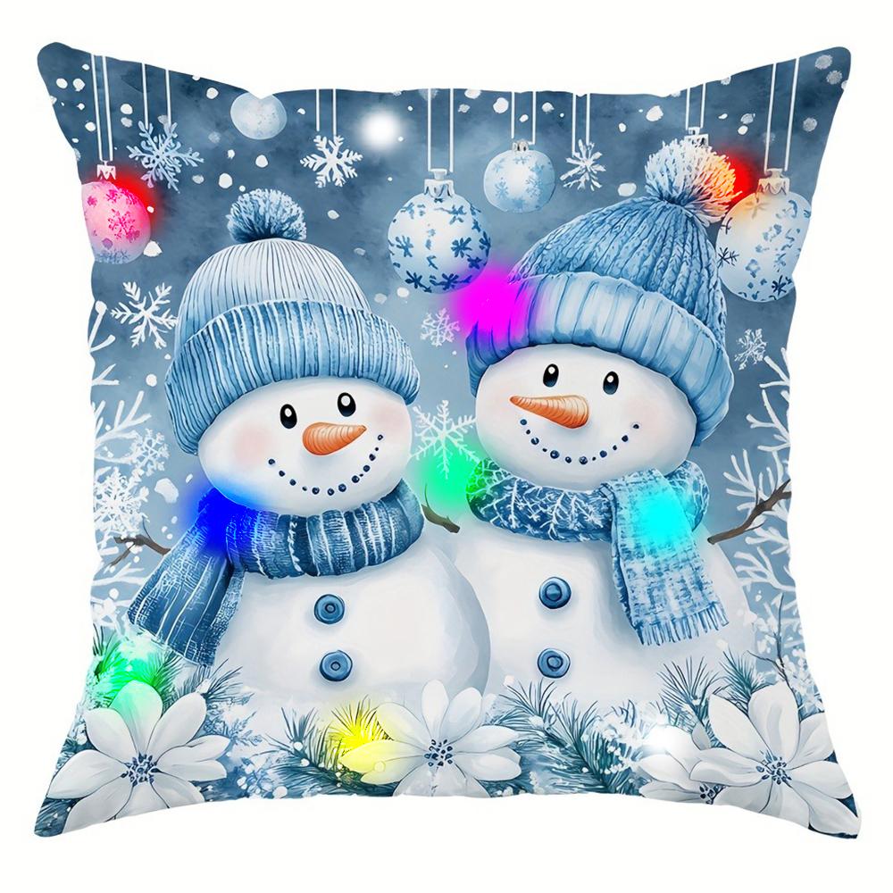 

Blue Snowman Christmas Tree LED Light Pillowcase Holiday Party Supplies Super Soft Skin-friendly Pillowcase Christmas Decoration 18x18Inch