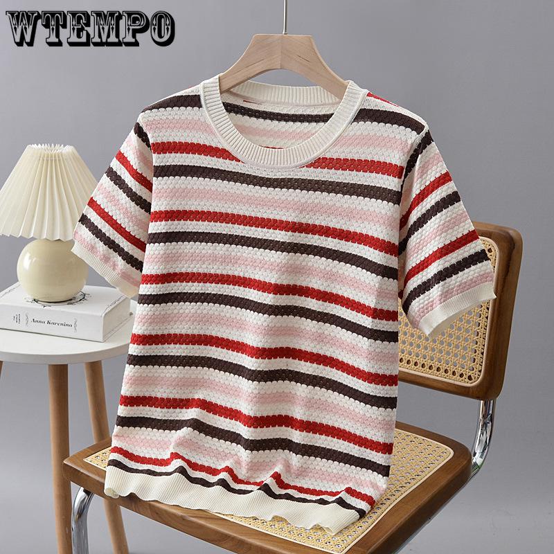 Summer Outfit Pullover Round Neck Striped Ice Silk Half Sleeved Plus Size Women's T-shirt