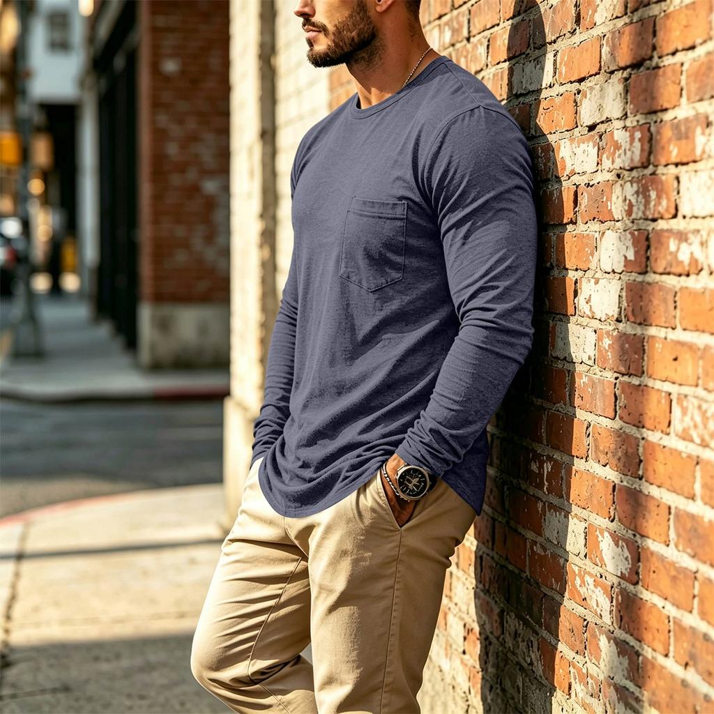 Men's Casual Long Sleeve Neck T-Shirt with Chest Pocket