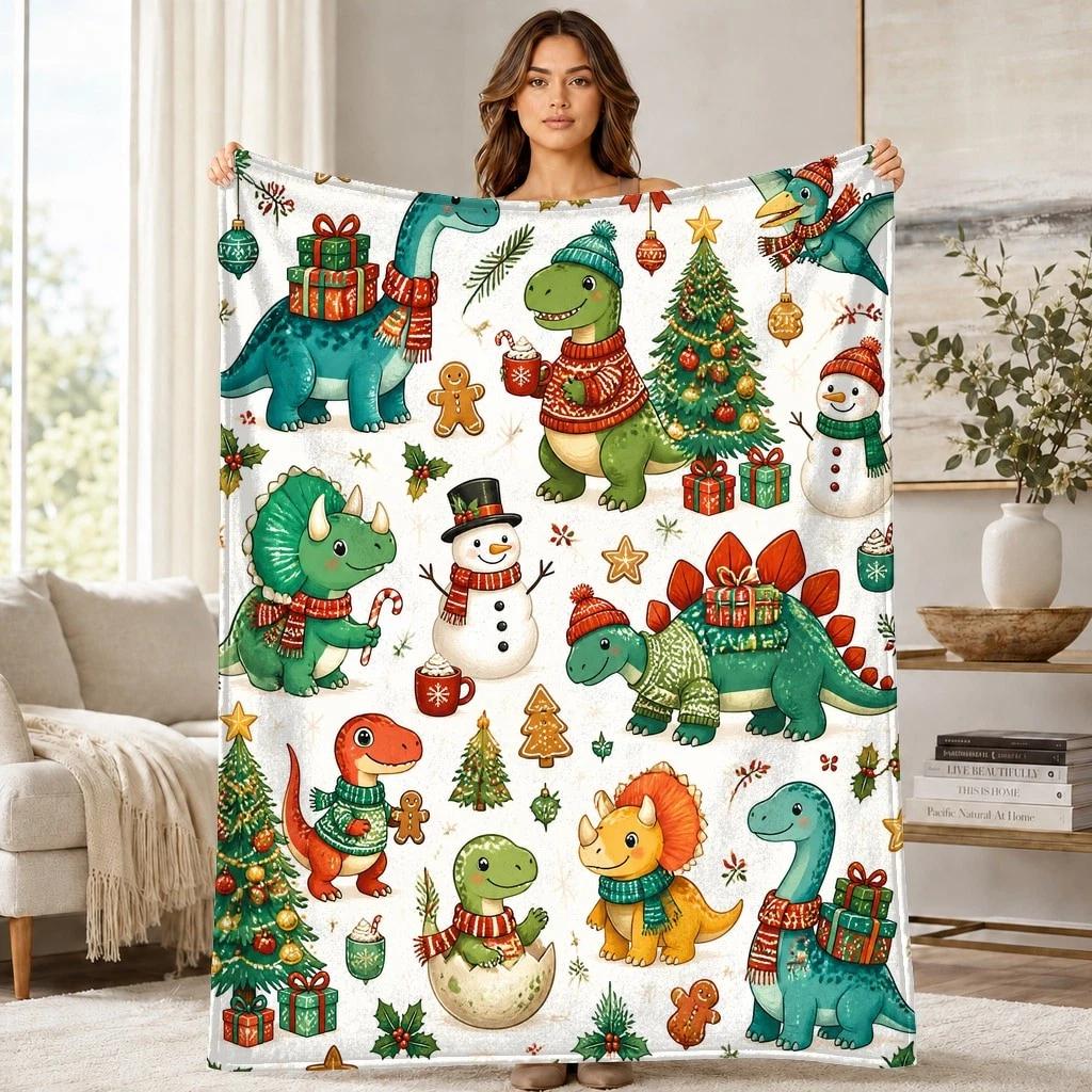 Christmas Dinosaurs Snowmen Coral Fleece Blanket Holiday Decor