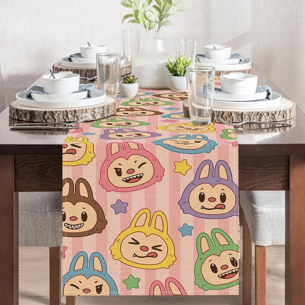 Cute Dining Table Runner, Macaron Monster Stars Burlap Kitchen Decor Holiday Birthday Gifts, Home Decoration Indoor Outdoor Party Supply 13 x 72