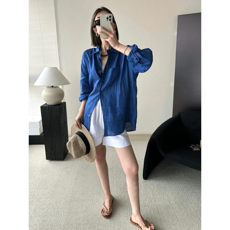Blue Loose Long Sleeve Thin Versatile Casual Linen Shirt Cardigan Outerwear