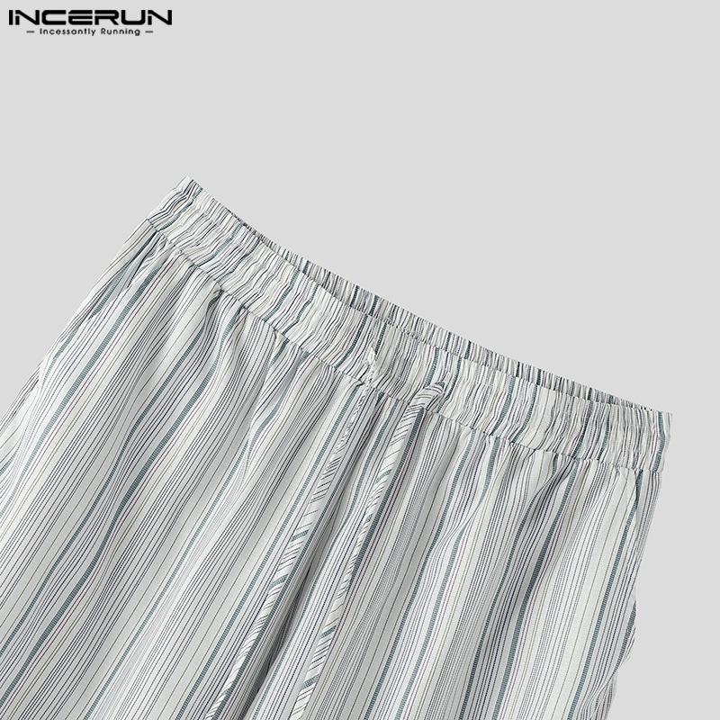 INCERUN Pánské stahovací elastický pas pruhované ležérní volné dlouhé kalhoty