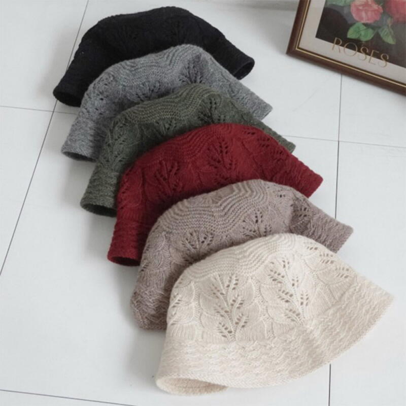 Women s Leaf Pattern Crochet Team Wool Knit Bucket Hat Khaki