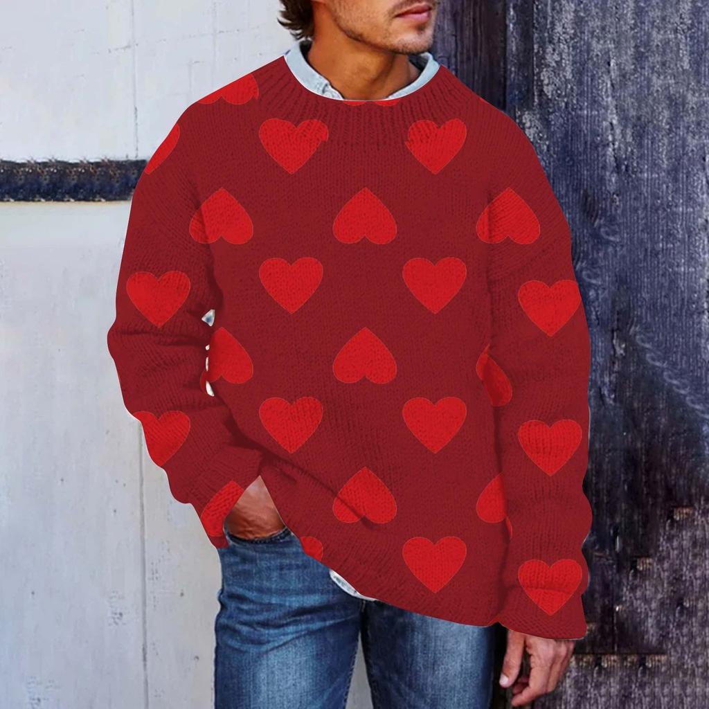 Men's Valentine's Day Print Faux Sweater, Crewneck Sweatshirt, Loose Long-sleeved Top