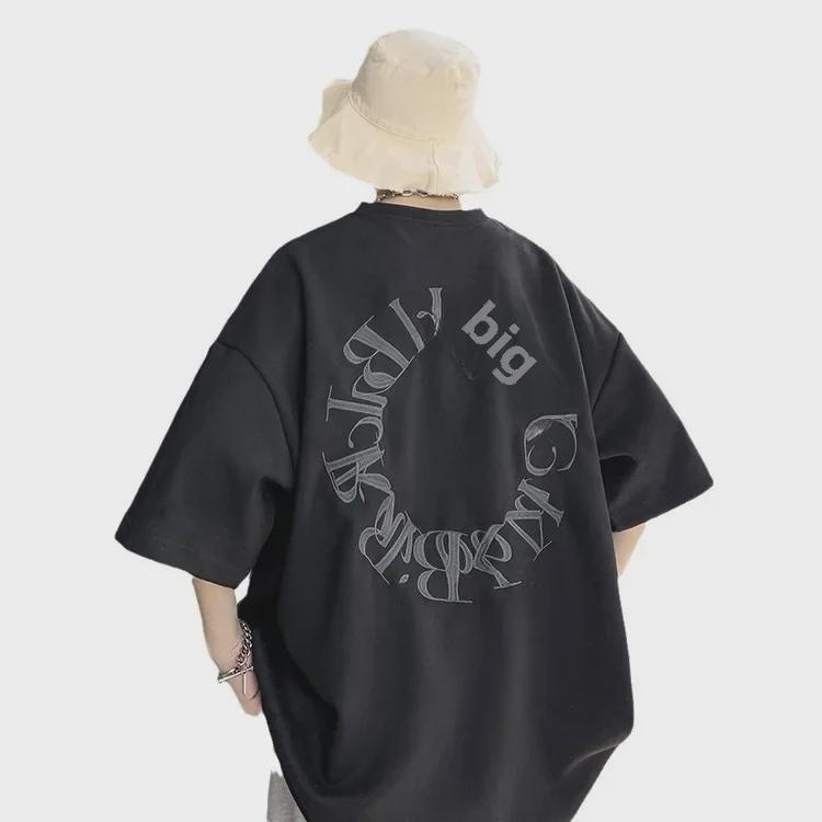 Men's Trendy Oversized Gray Suede T-Shirt, Short-Sleeve, Round Neck, Niche Heavyweight Design