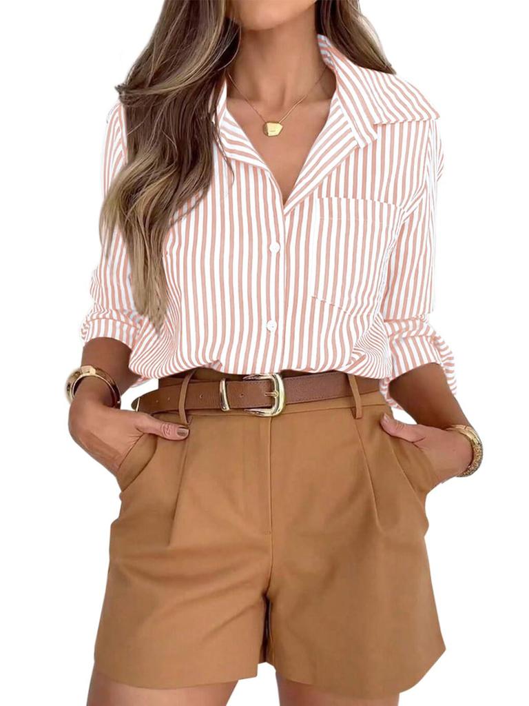 Women's Long Sleeve Striped Button-Down Shirt with Pockets