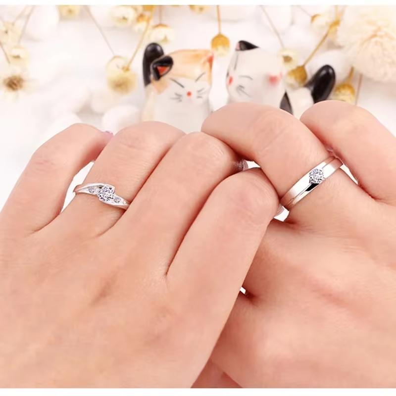 Huajie 2Pcs/set Exquisite Simple Inlaid Brilliant Zircon Couple's Romantic Rings Sets Engagement Personality  Trend