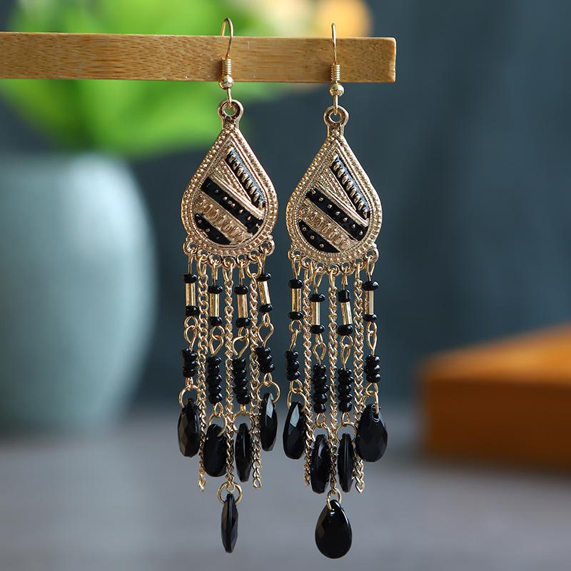 

Fashion Bohemian Long Earrings For Women Handmade Tassel Chain Beads Enameled Teardrop Dangle Earrings Zircon Pendientes Mujer чорний