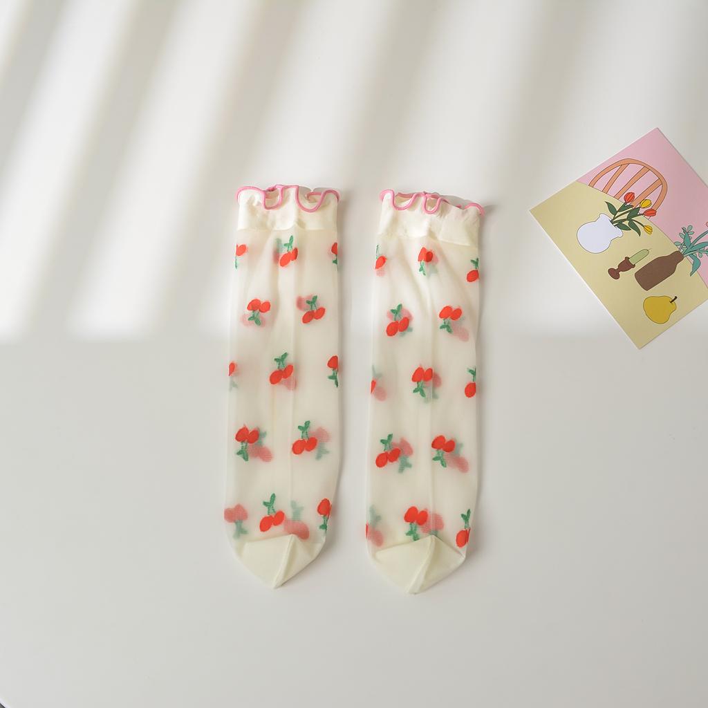Girls Strawberry Embroidered Lace Over Knee High Socks Thin Transparent Floral Princess Kids Long Stockings