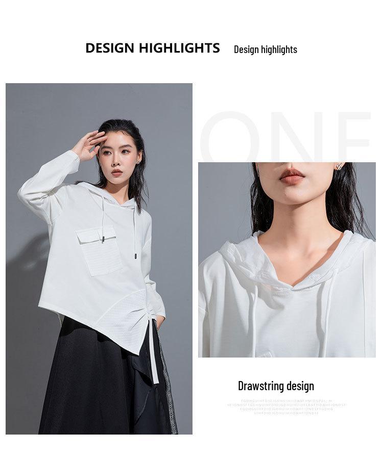 Women's Plus Size Irregular Hooded Patchwork Sweatshirt with Ribbon - Casual Long Sleeve