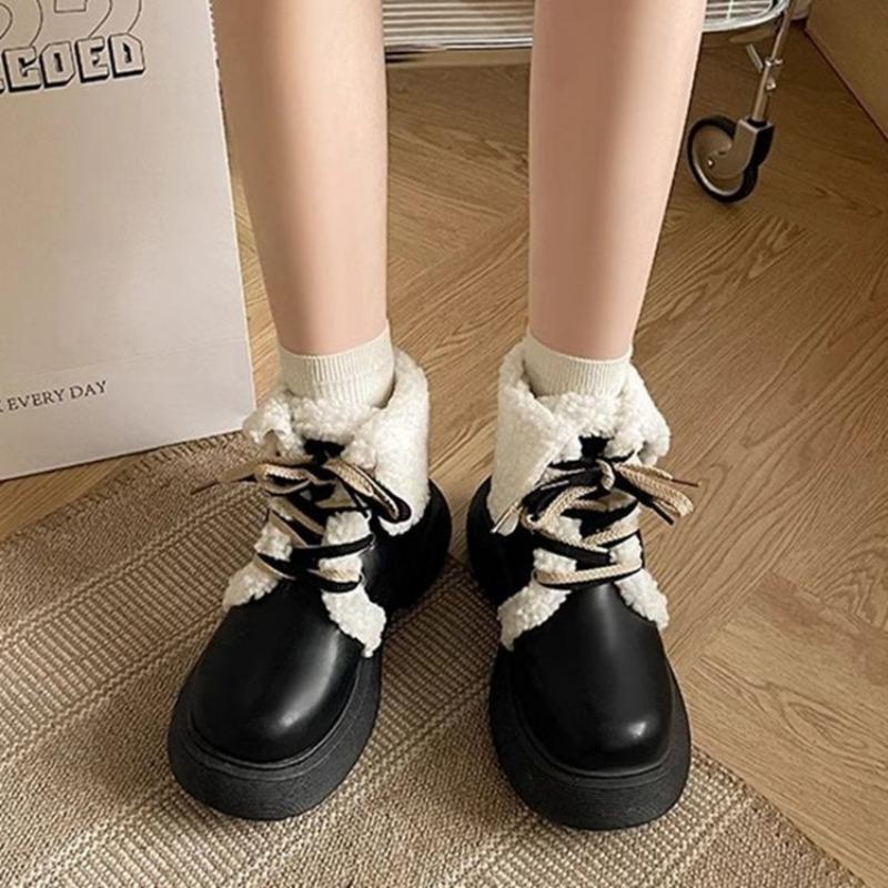 Fashion Waterproof PU Leather Snow Boots Women fashion Lacing Chunky Platform Cotton Shoes Woman 2024 Winter Thick Plush Warm Ankle Boot