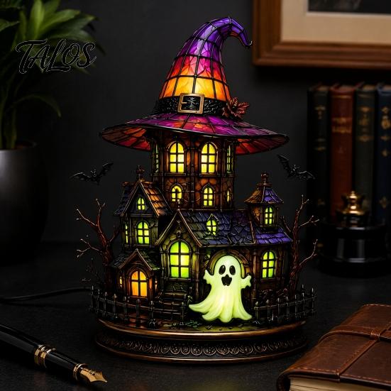 Spooky Desk Lamp Gothic Witch Hat Night Light, Warm Glow Acrylic Halloween Decorative Lamp, Vintage Holiday Party Display Home Decor for Mantel Shelf
